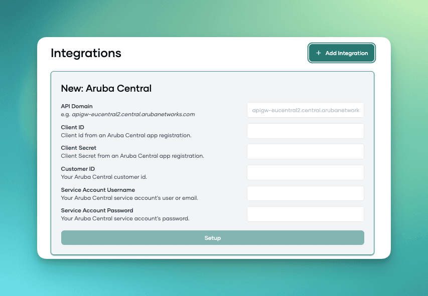 Fill in the Aruba Central fields in the Pult Dashboard