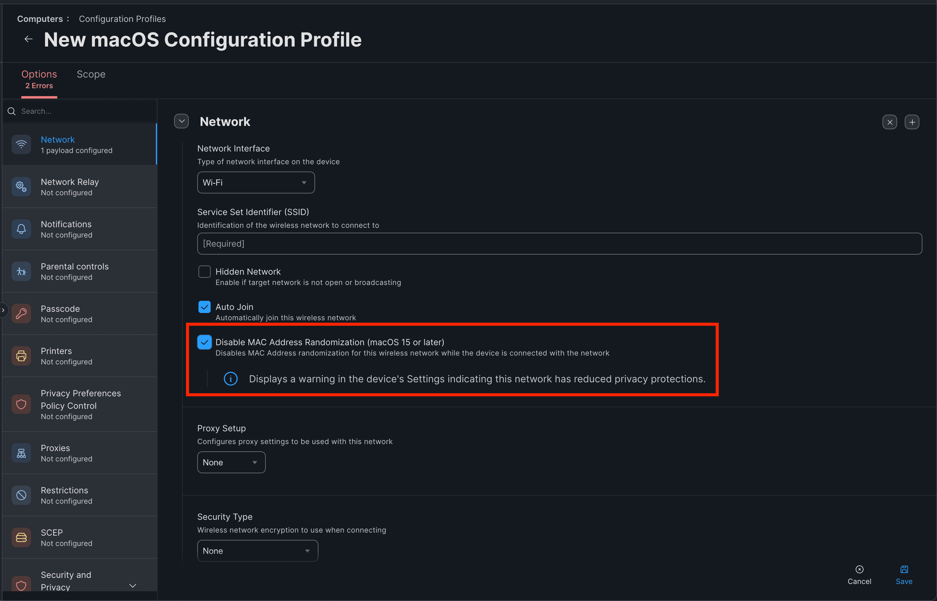 macOS Wi-Fi configuration profile with MAC randomization disabled