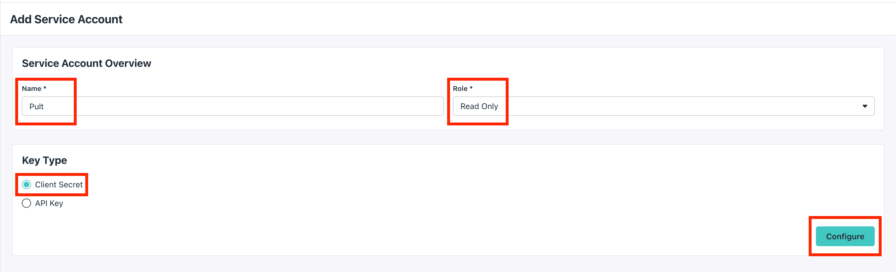 Create a service account named "Pult" with the Read Only role and the Client Secret key type