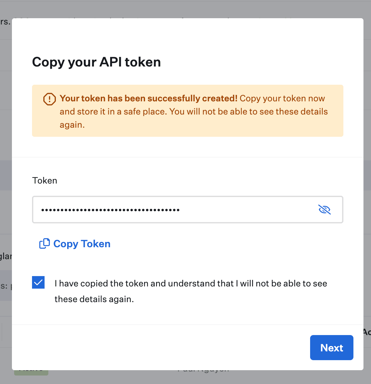 Copy the generated token before clicking Next