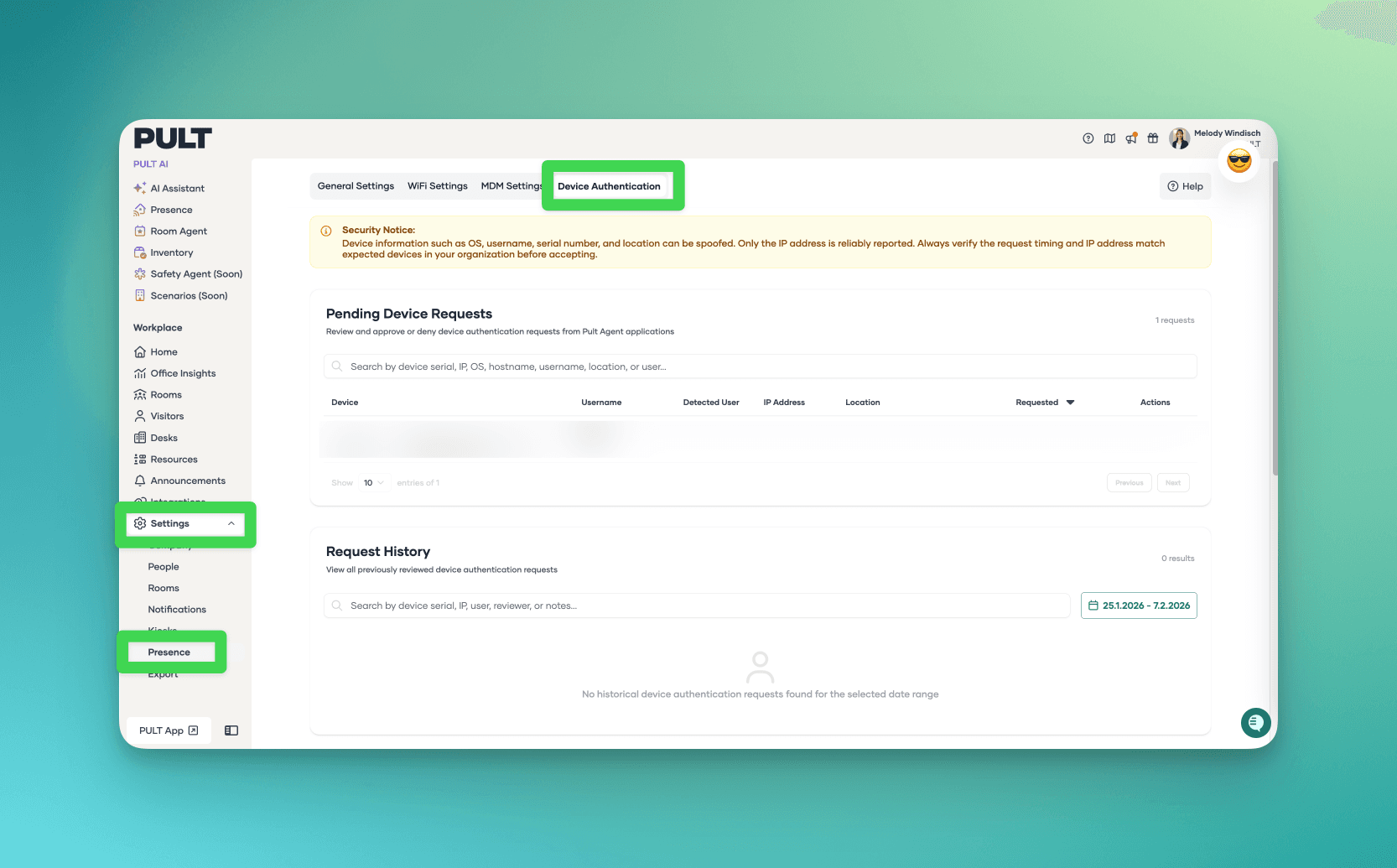 Presence settings in the Pult Dashboard
