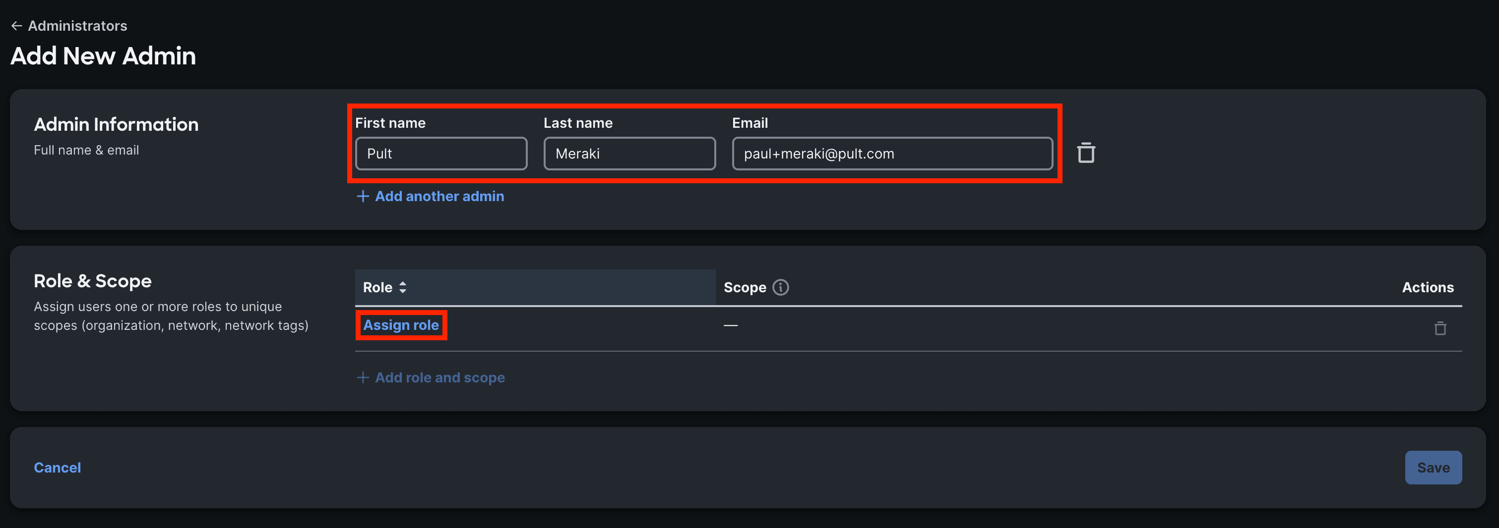 Fill in the name and email of the new admin