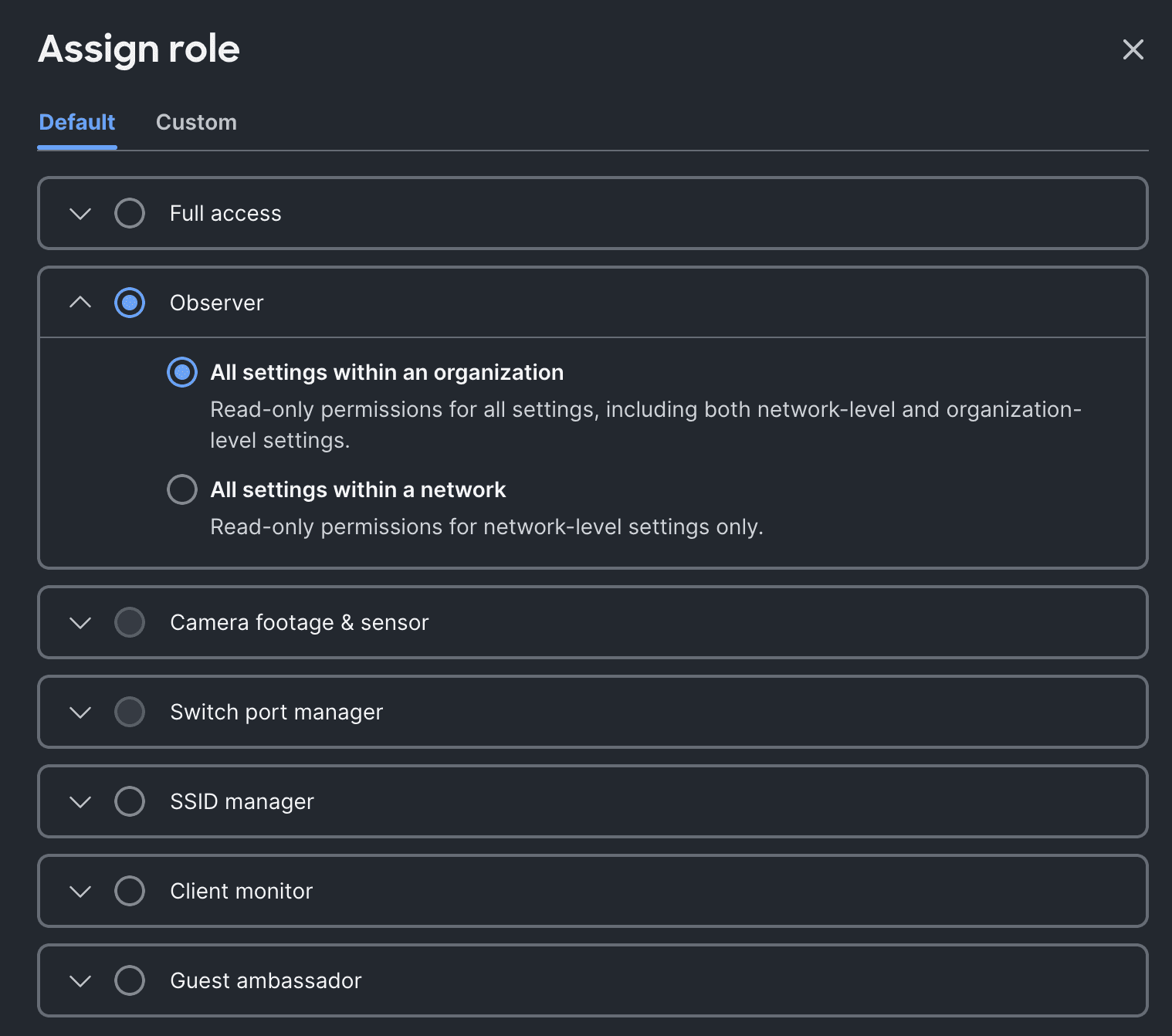 Select the Observer role with organization-wide scope