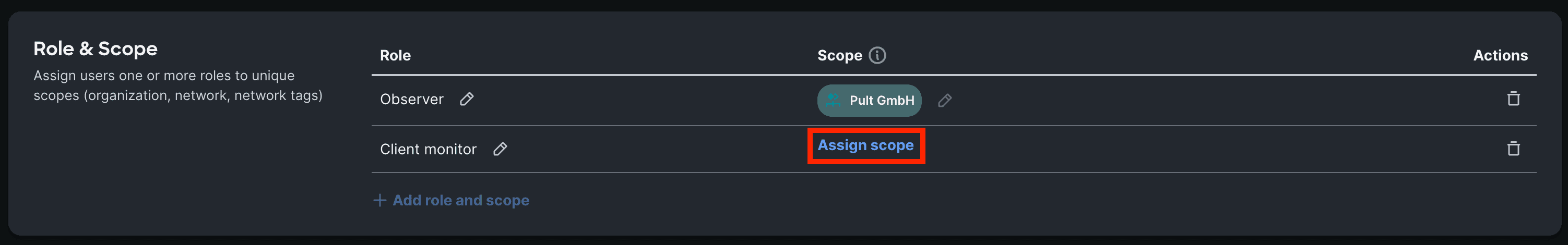 Click Assign scope next to the Client monitor role