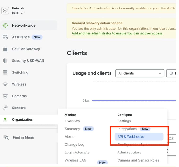 Navigate to Organization → API & Webhooks in the Meraki Dashboard
