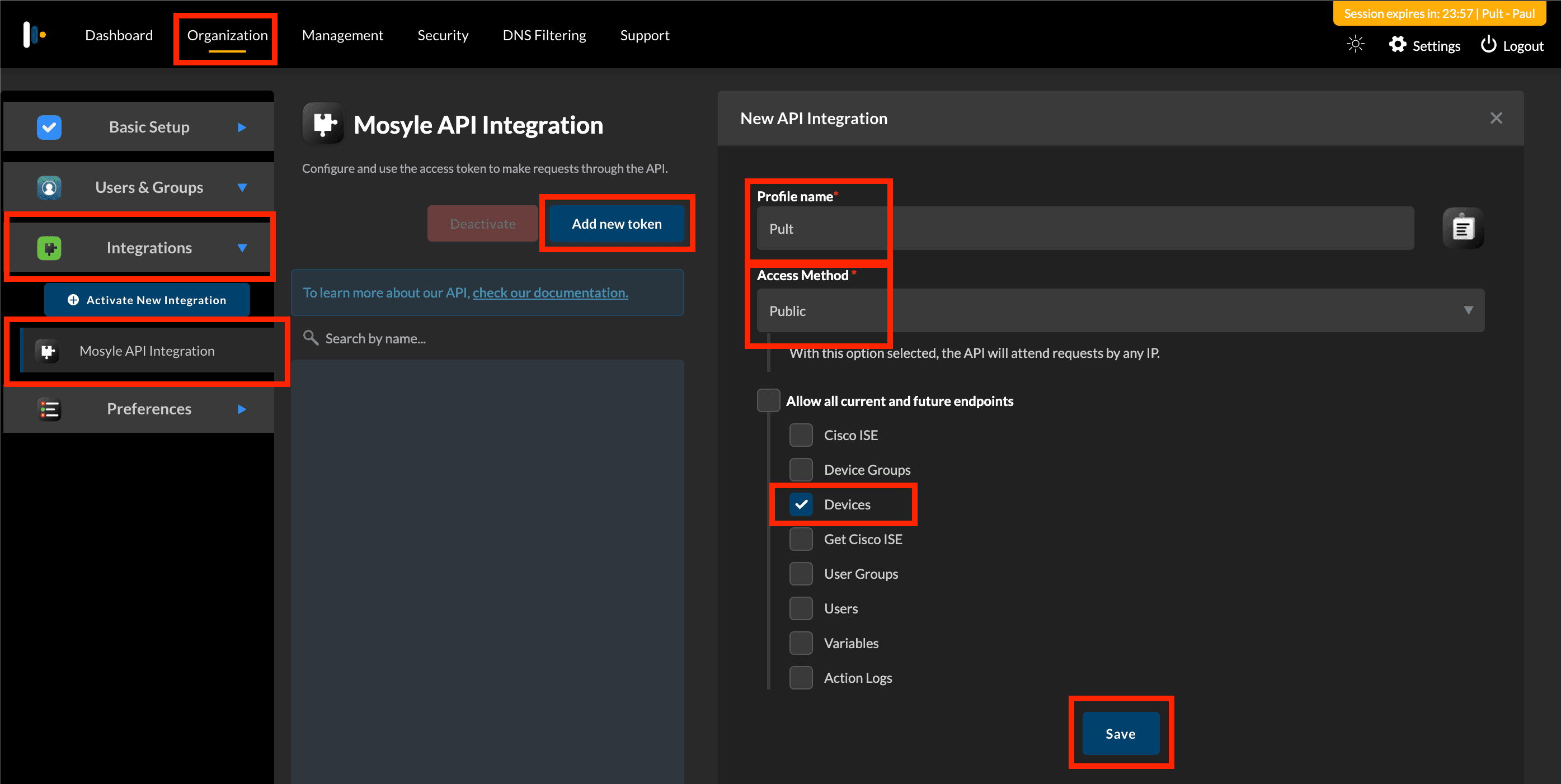 Create a new API integration with only the Devices endpoint enabled