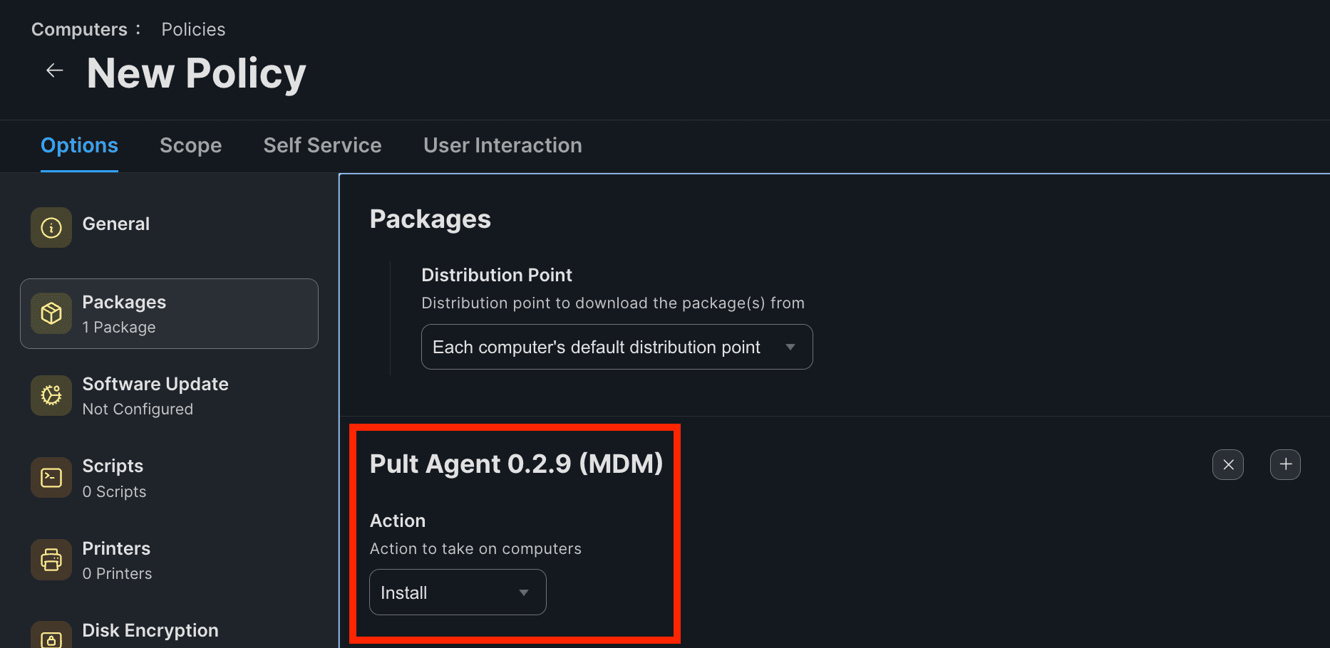 Policy Packages tab showing the Pult Agent wrapper package added with Action set to Install