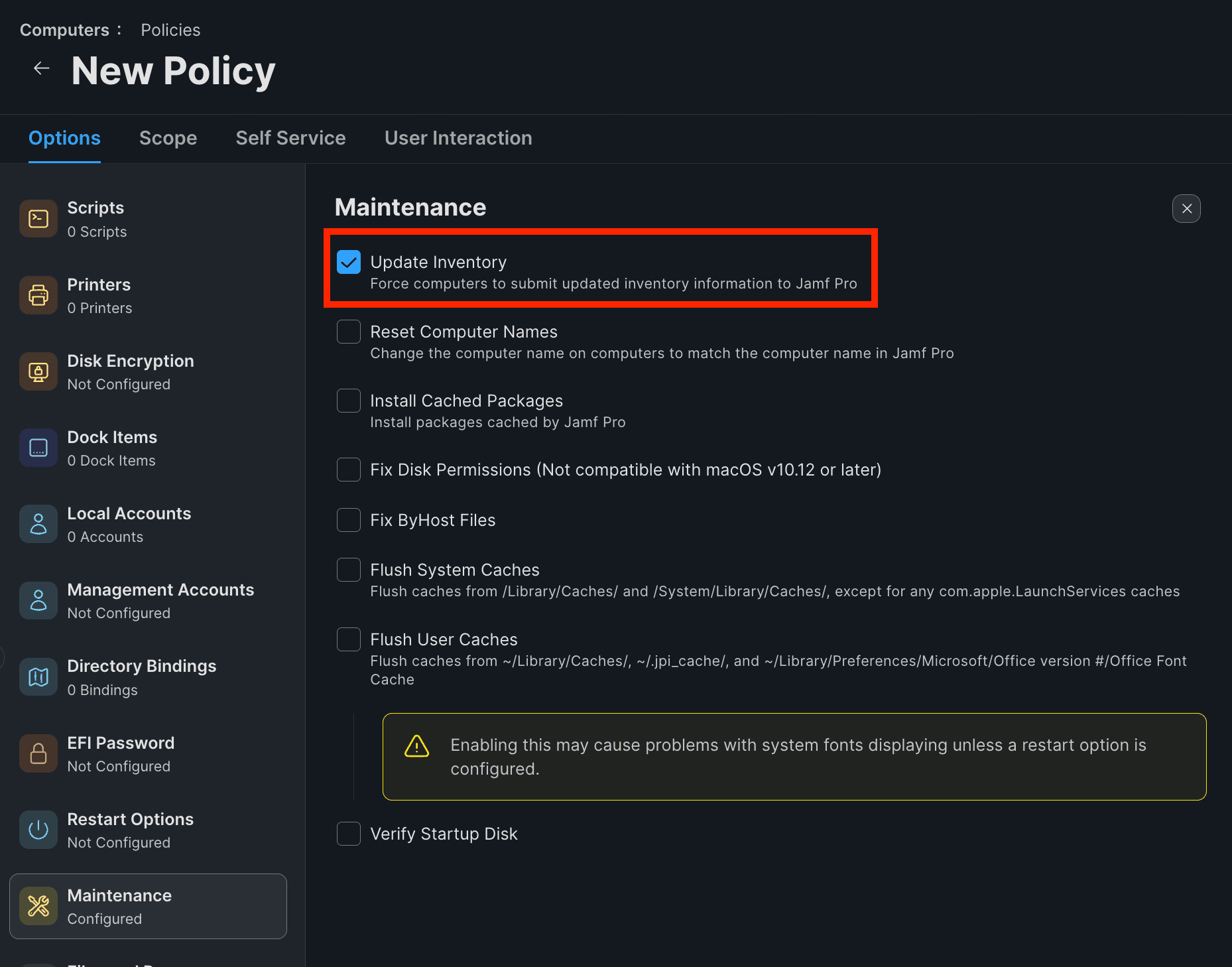 Policy Maintenance tab with the Update Inventory option enabled