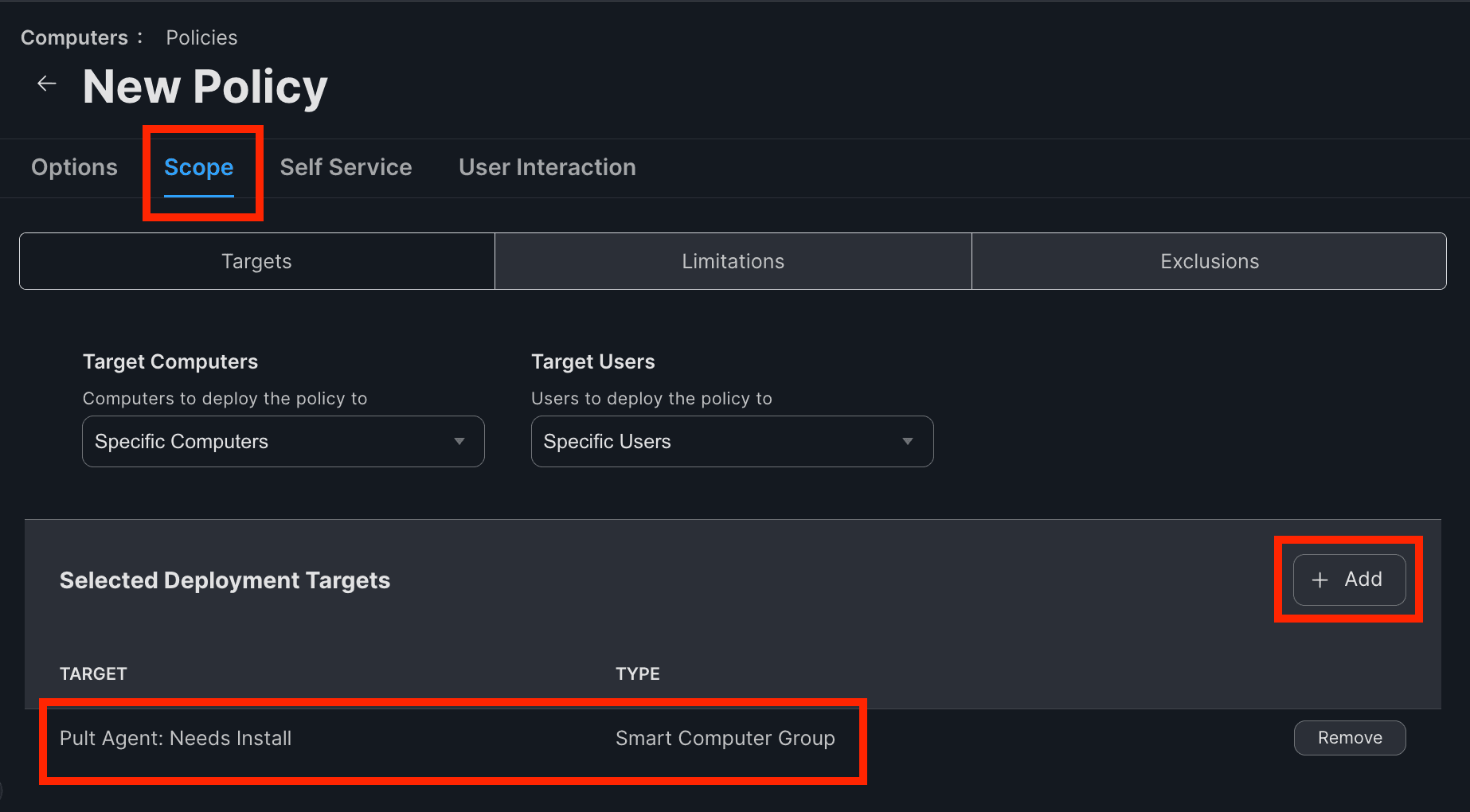 Policy Scope tab with the "Pult Agent: Needs Install" Smart Computer Group added as a deployment target