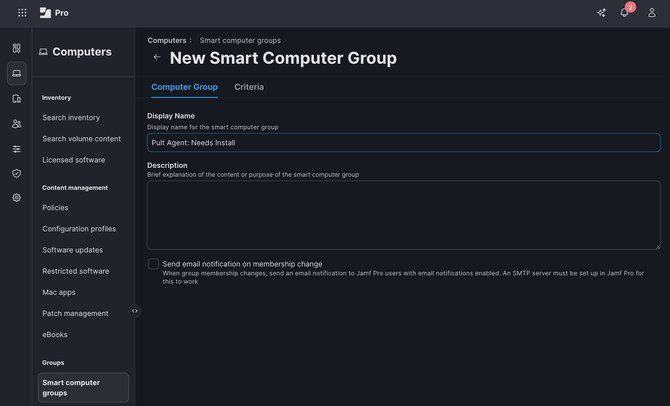 Computer Group tab of the New Smart Computer Group form, showing the Display Name set to "Pult Agent: Needs Install"