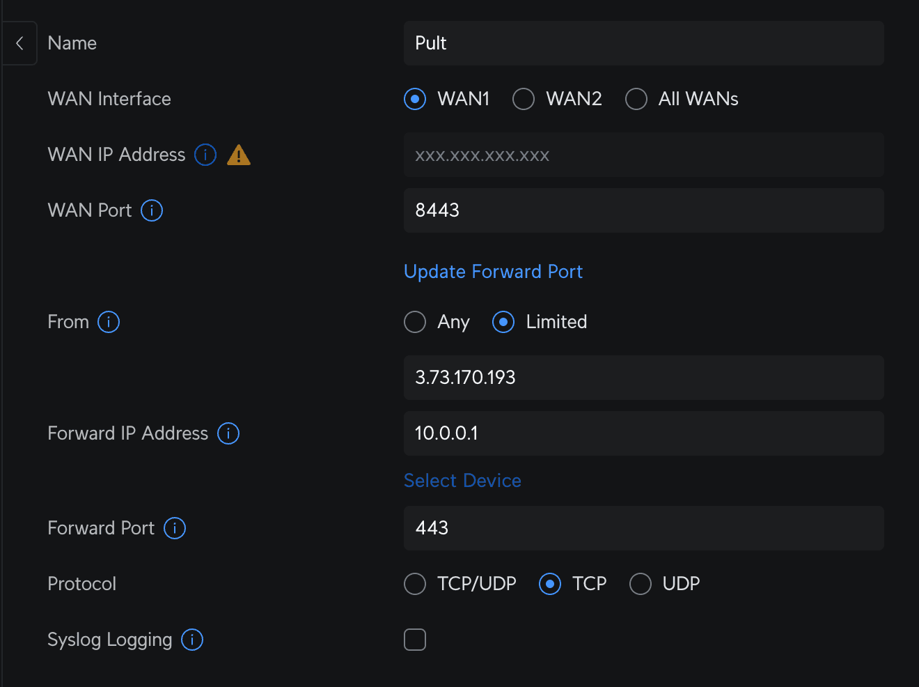 UniFi port forwarding rule configured for Pult