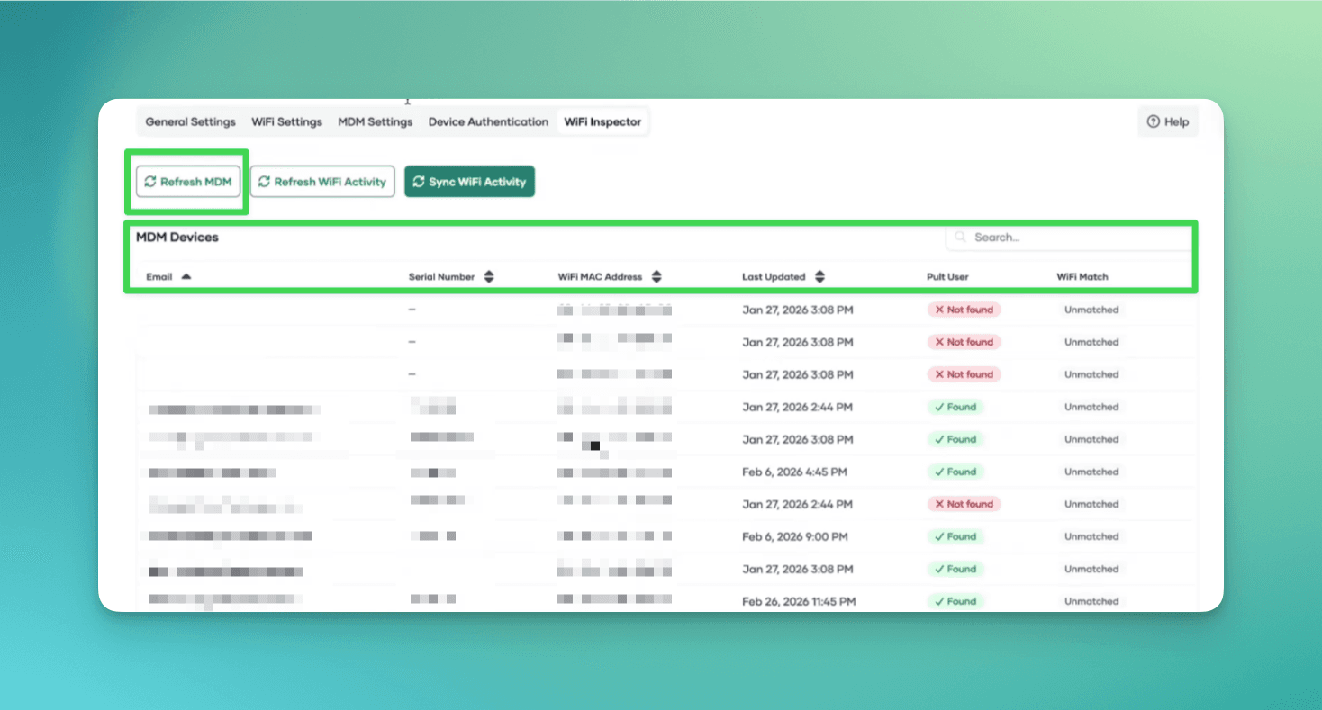 MDM Devices view in the WiFi Inspector